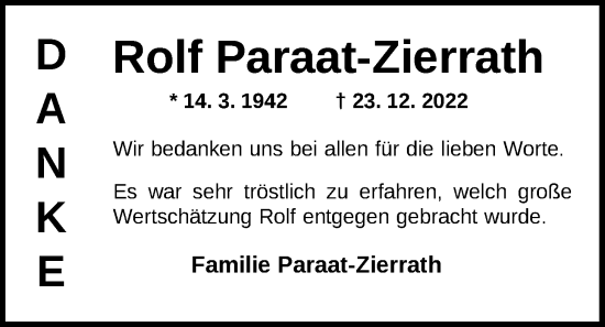 Traueranzeige von Rolf Paraat-Zierrath von Nordwest-Zeitung