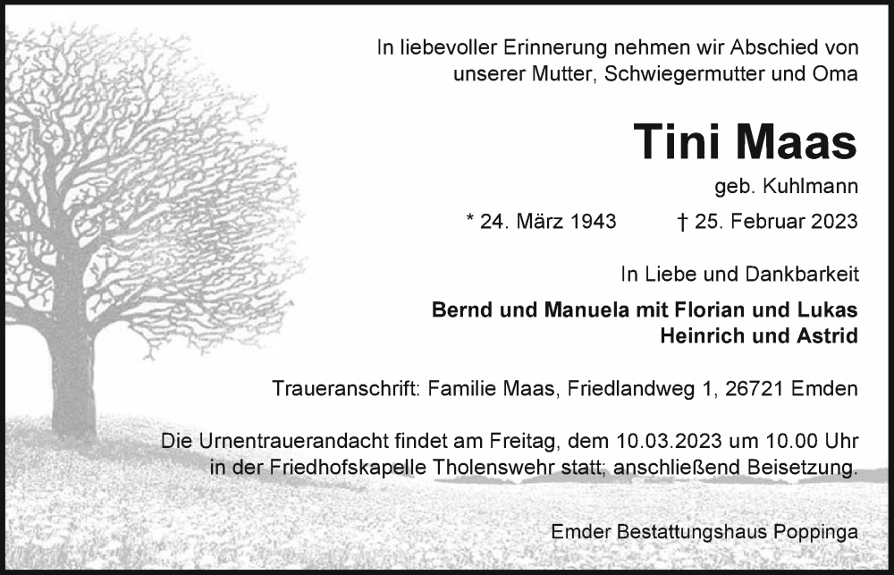  Traueranzeige für Tini Maas vom 04.03.2023 aus Emder Zeitung