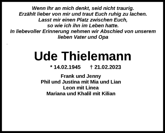 Traueranzeige von Ude Thielemann von Nordwest-Zeitung