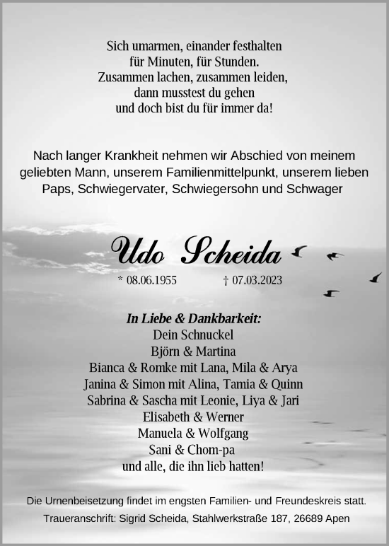 Traueranzeige von Udo Scheida von Nordwest-Zeitung