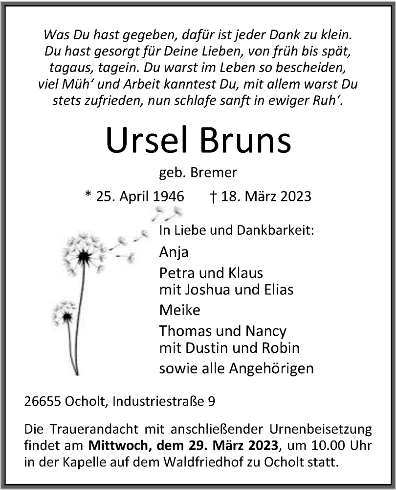  Traueranzeige für Ursel Bruns vom 21.03.2023 aus Nordwest-Zeitung