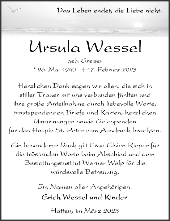 Traueranzeige von Ursula Wessel von Nordwest-Zeitung