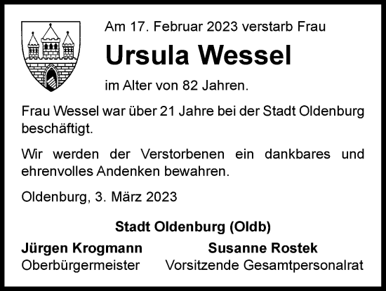 Traueranzeige von Ursula Wessel von Nordwest-Zeitung