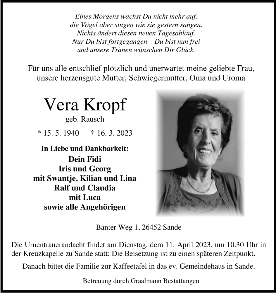  Traueranzeige für Vera Kropf vom 25.03.2023 aus WZ/JW/AH