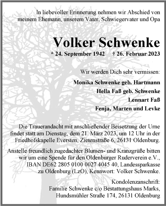 Traueranzeige von Volker Schwenke von Nordwest-Zeitung