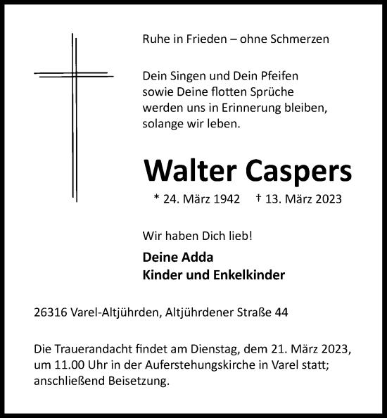 Traueranzeige von Walter Caspers von Nordwest-Zeitung
