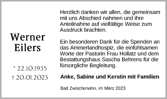 Traueranzeige von Werner Eilers von Nordwest-Zeitung