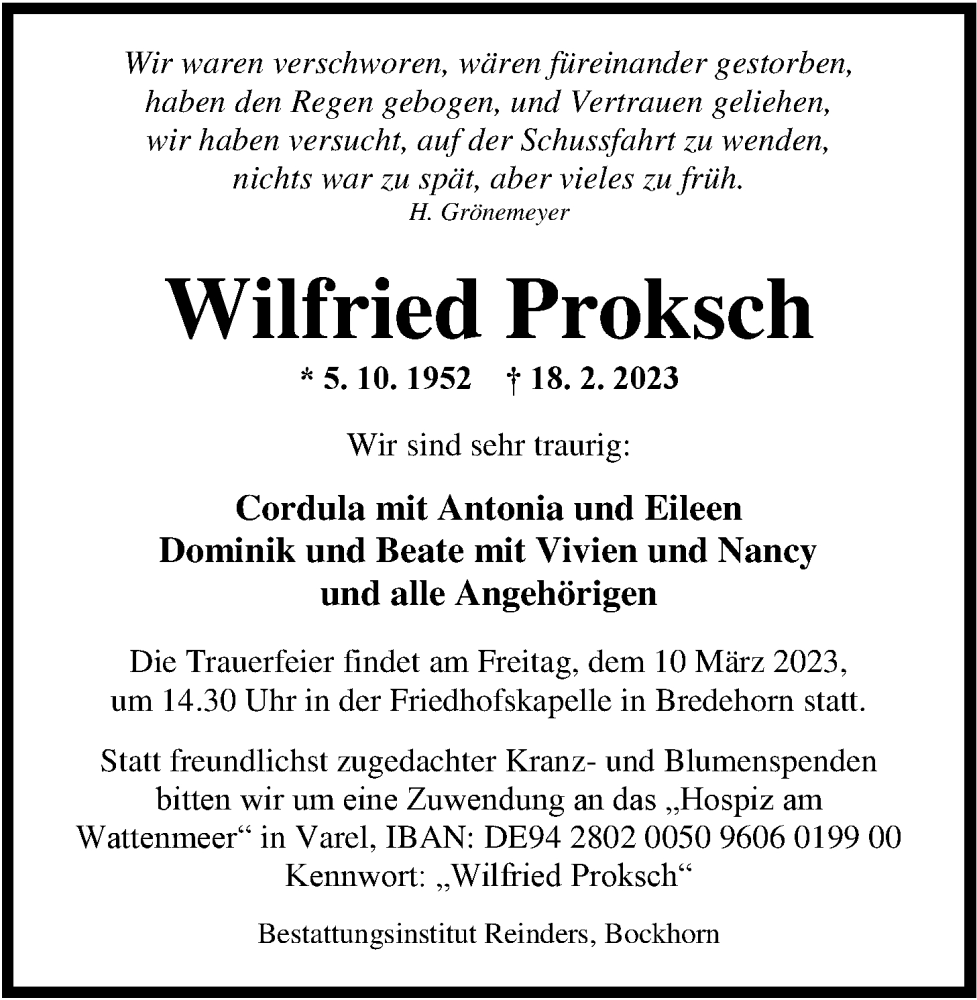  Traueranzeige für Wilfried Proksch vom 04.03.2023 aus Nordwest-Zeitung