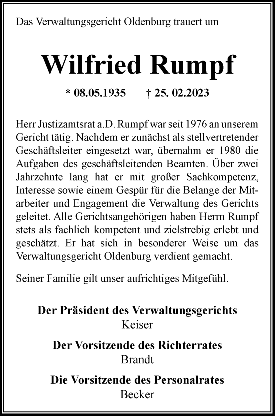 Traueranzeige von Wilfried Rumpf von Nordwest-Zeitung