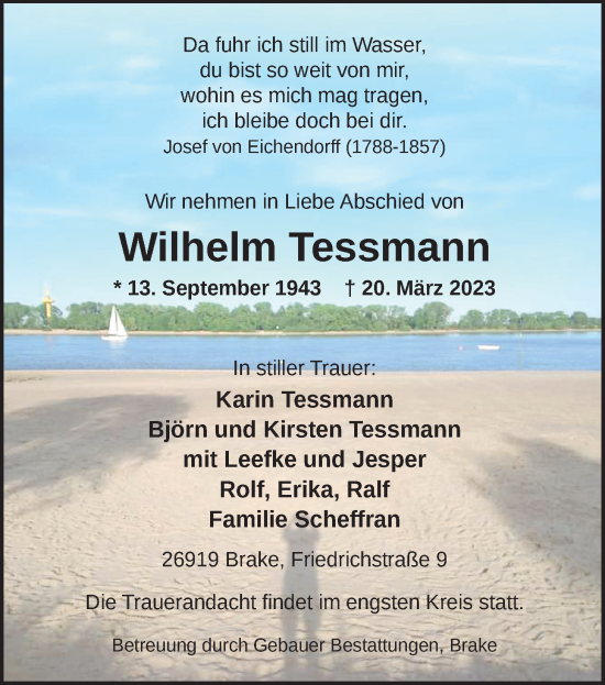 Traueranzeige von Wilhelm Tessmann von Nordwest-Zeitung