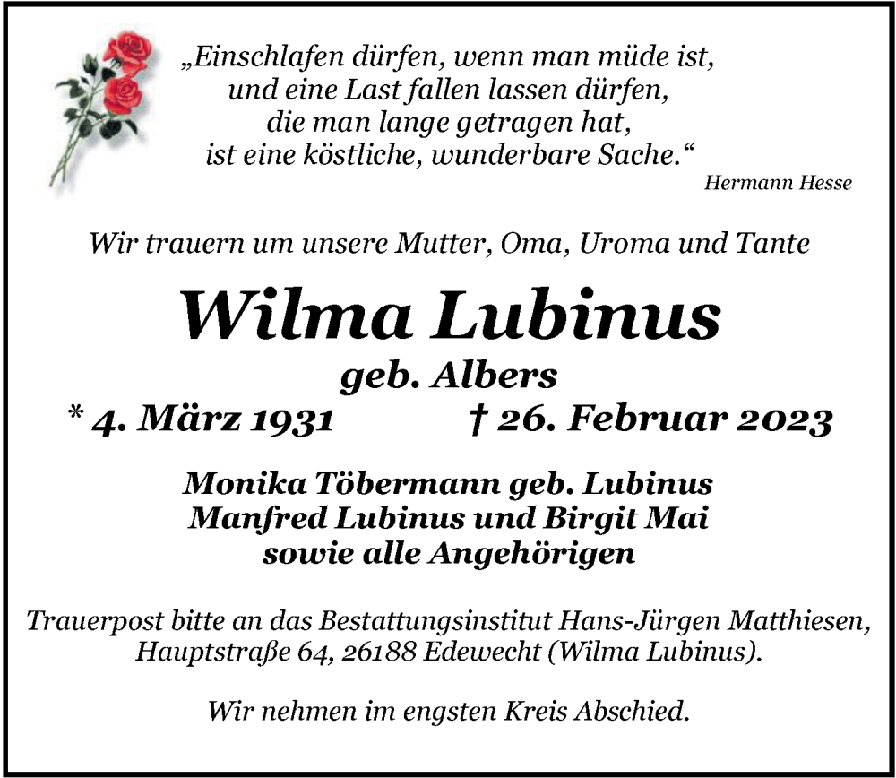  Traueranzeige für Wilma Lubinus vom 10.03.2023 aus Nordwest-Zeitung