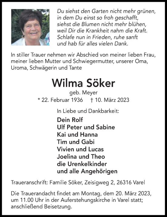 Traueranzeige von Wilma Söker von Nordwest-Zeitung