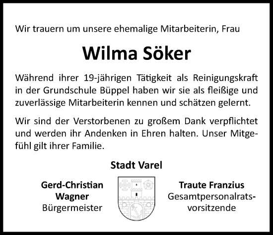 Traueranzeige von Wilma Söker von Nordwest-Zeitung