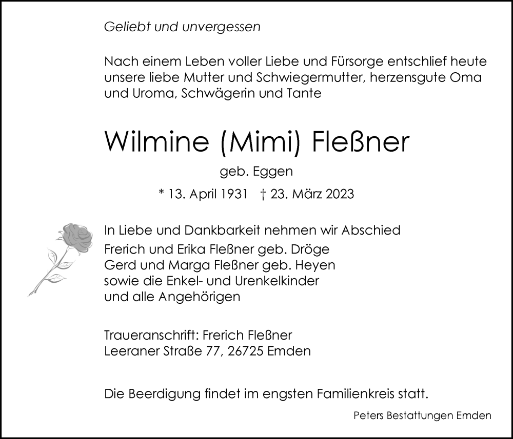  Traueranzeige für Wilmine Fleßner vom 25.03.2023 aus Emder Zeitung