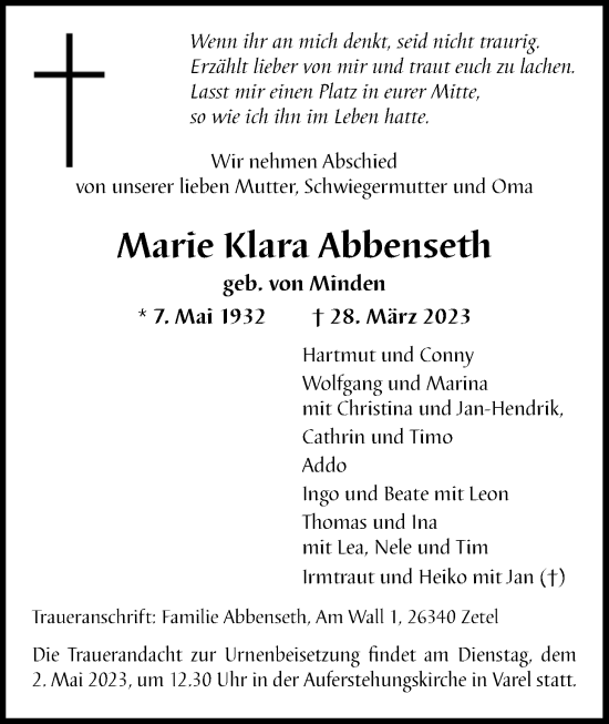 Traueranzeige von Marie Klara Abbenseth von Nordwest-Zeitung