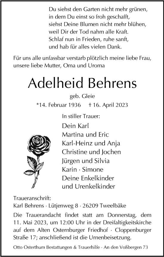 Traueranzeige von Adelheid Behrens von Nordwest-Zeitung