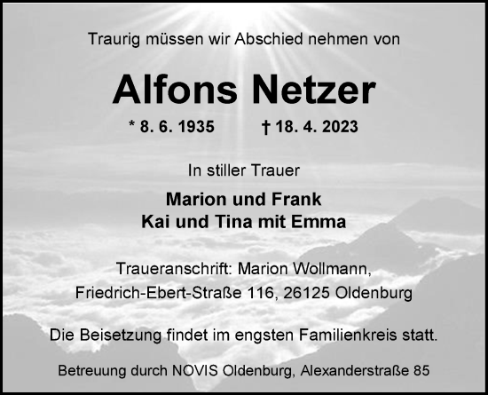 Traueranzeige von Alfons Netzer von Nordwest-Zeitung
