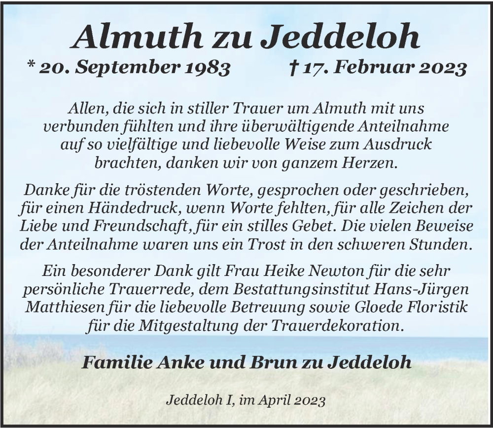  Traueranzeige für Almuth zu Jeddeloh vom 08.04.2023 aus Nordwest-Zeitung