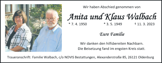 Traueranzeige von Anita Walbach von Nordwest-Zeitung