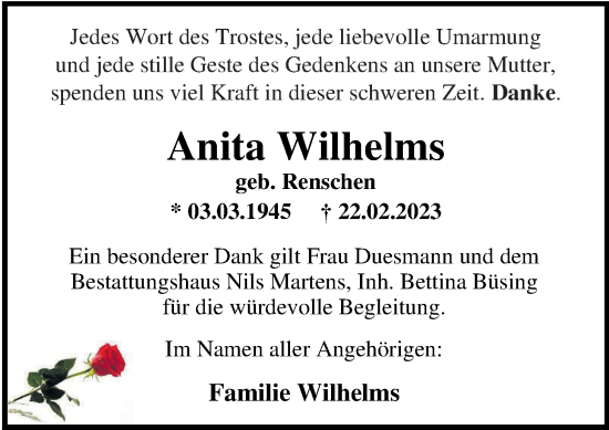 Traueranzeige von Anita Wilhelms von Nordwest-Zeitung