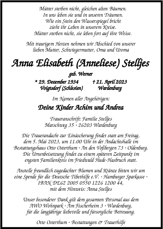 Traueranzeige von Anna Elisabeth Stelljes von Nordwest-Zeitung