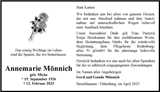 Traueranzeige von Annemarie Mönnich von Nordwest-Zeitung