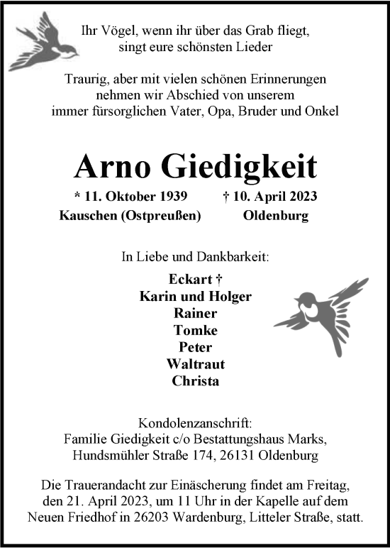 Traueranzeige von Arno Giedigkeit von Nordwest-Zeitung