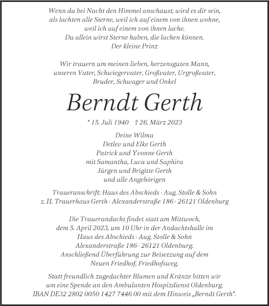 Traueranzeige von Berndt Gerth von Nordwest-Zeitung