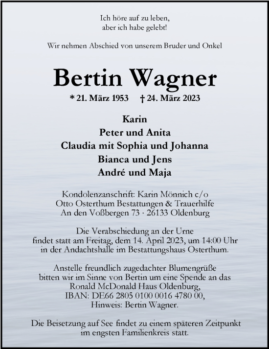 Traueranzeige von Bertin Wagner von Nordwest-Zeitung