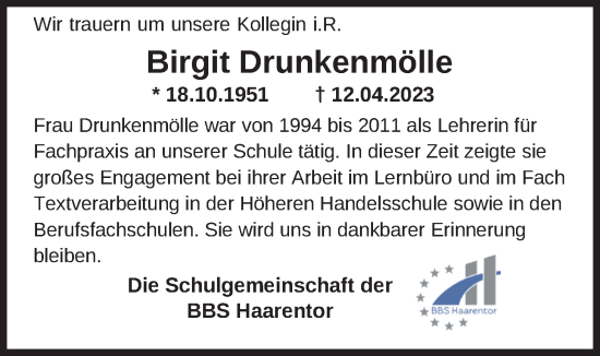 Traueranzeige von Birgit Drunkenmölle von Nordwest-Zeitung