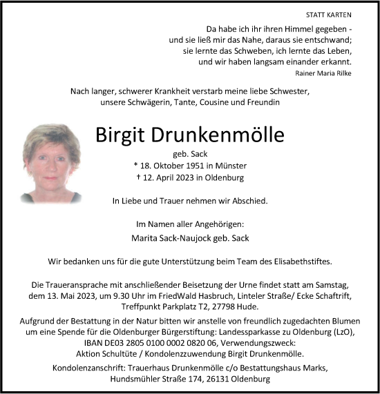 Traueranzeige von Birgit Drunkenmölle von Nordwest-Zeitung