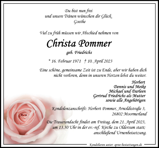 Traueranzeige von Christa Pommer von Emder Zeitung