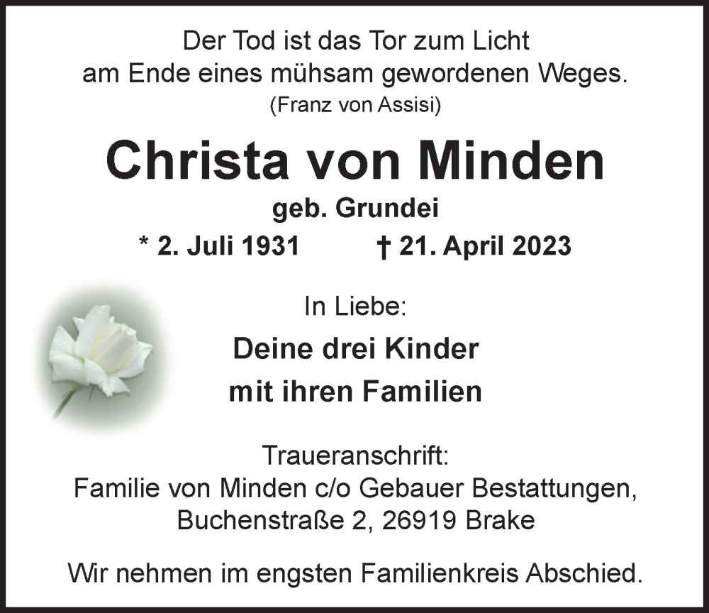  Traueranzeige für Christa von Minden vom 29.04.2023 aus Nordwest-Zeitung