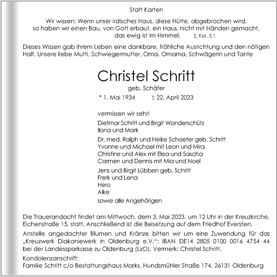 Traueranzeige von Christel Schritt von Nordwest-Zeitung