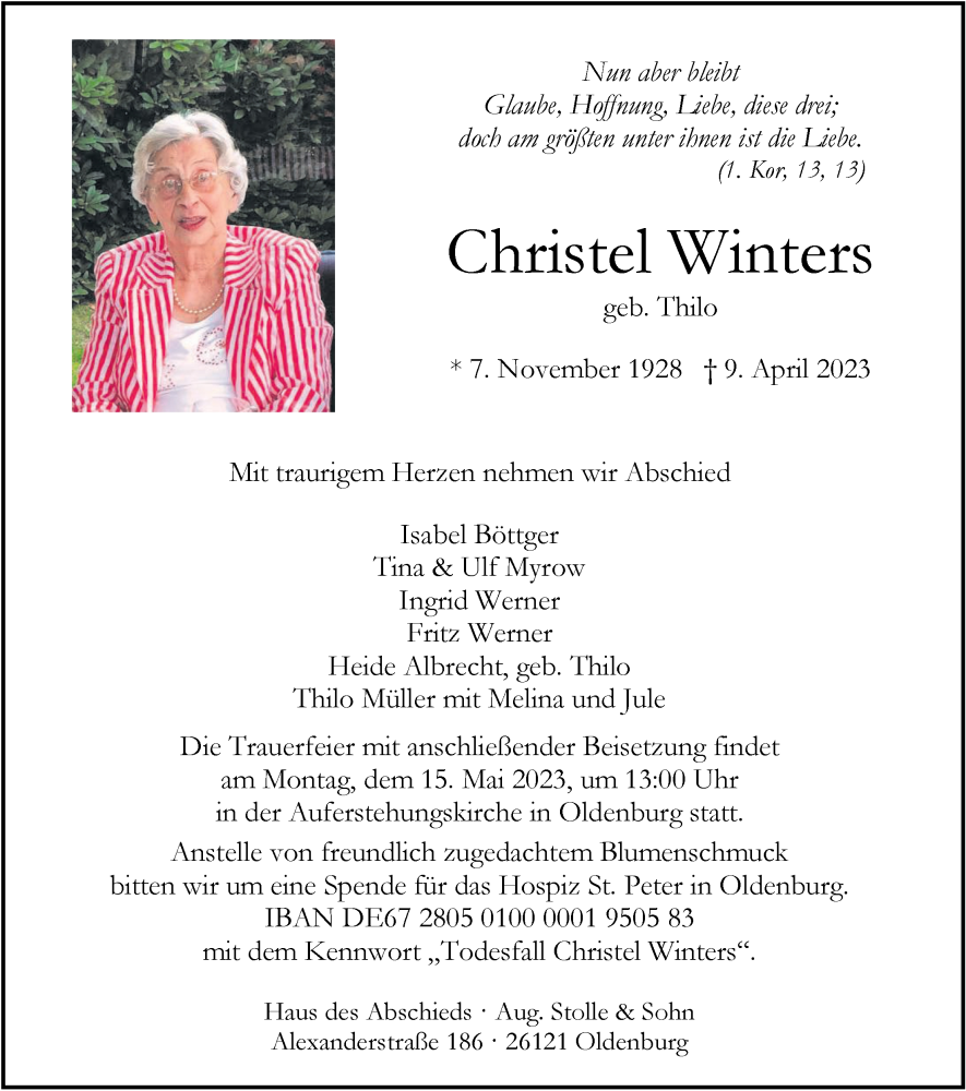  Traueranzeige für Christel Winters vom 22.04.2023 aus Nordwest-Zeitung