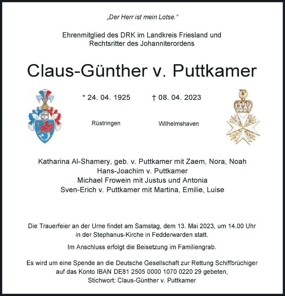 Traueranzeigen von ClausGünther von Puttkamer nordwesttrauer.de