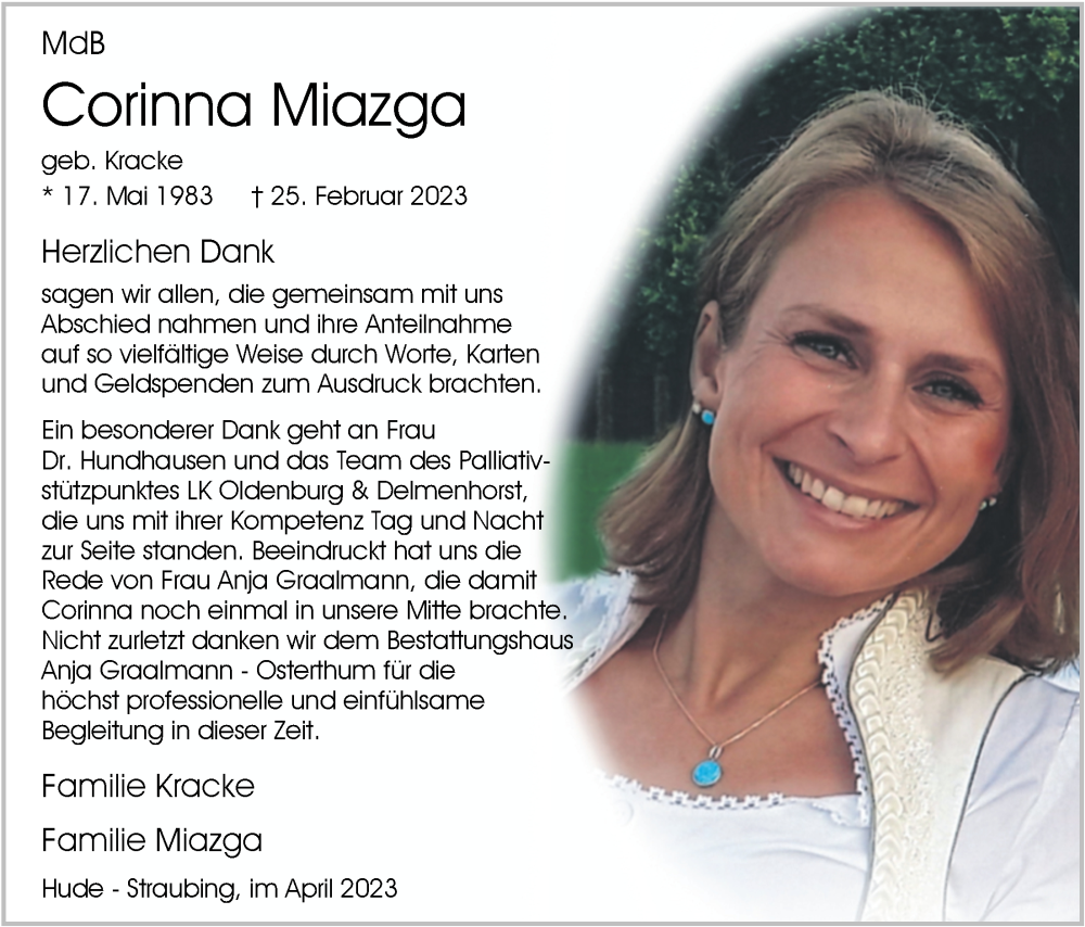  Traueranzeige für Corinna Miazga vom 21.04.2023 aus Nordwest-Zeitung