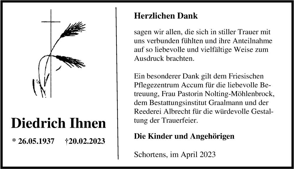  Traueranzeige für Diedrich Ihnen vom 29.04.2023 aus WZ/JW/AH