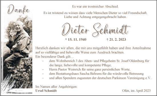 Traueranzeige von Dieter Schmidt von Nordwest-Zeitung