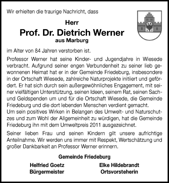 Traueranzeige von Dietrich Werner von WZ/JW/AH