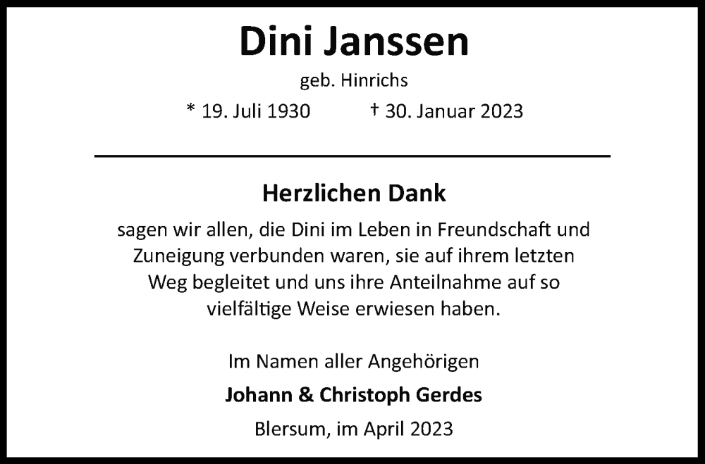  Traueranzeige für Dini Janssen vom 01.04.2023 aus WZ/JW/AH