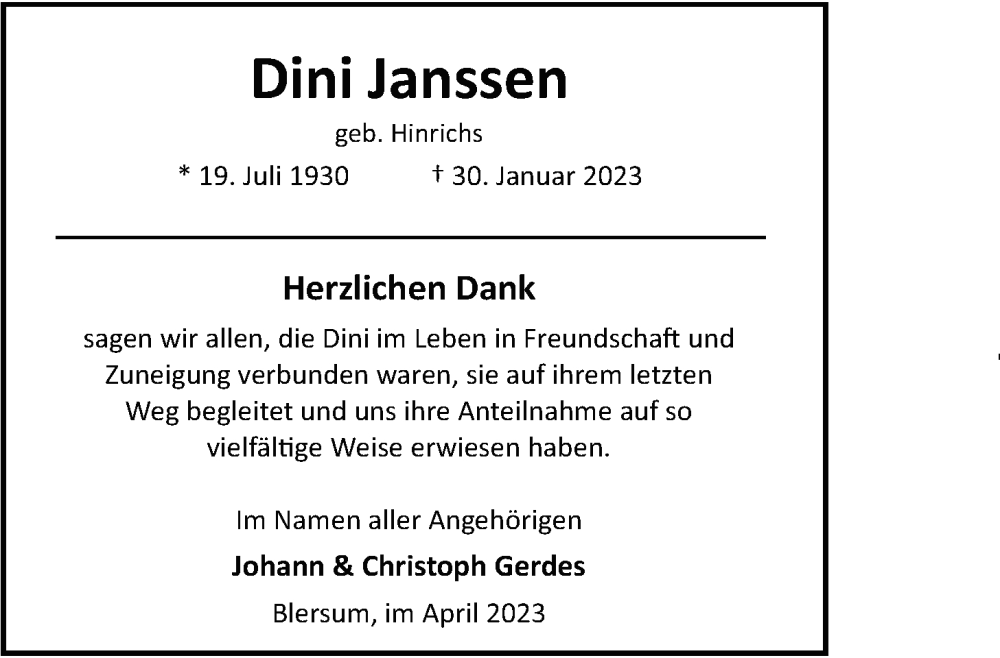  Traueranzeige für Dini Janssen vom 01.04.2023 aus WZ/JW/AH