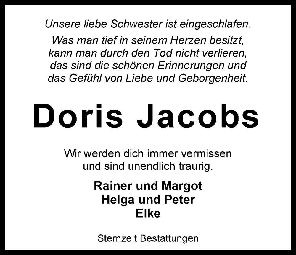 Traueranzeigen Von Doris Jacobs Nordwest Trauerde 