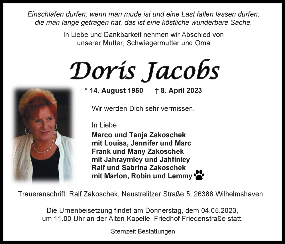Traueranzeigen Von Doris Jacobs Nordwest Trauerde 