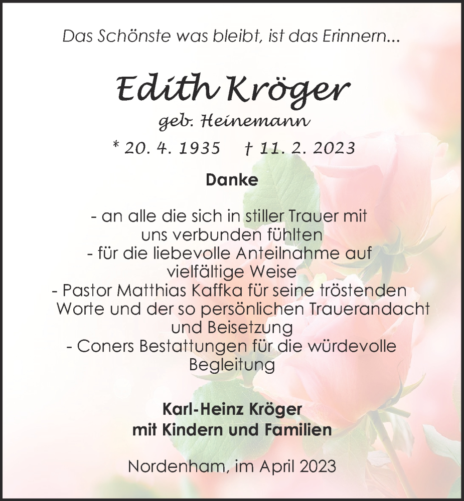  Traueranzeige für Edith Kröger vom 08.04.2023 aus Nordwest-Zeitung