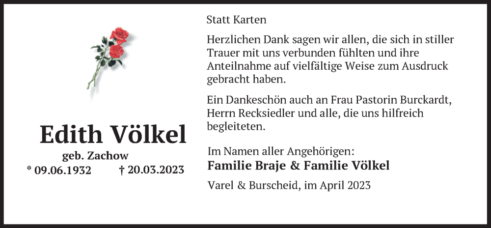  Traueranzeige für Edith Völkel vom 22.04.2023 aus Nordwest-Zeitung