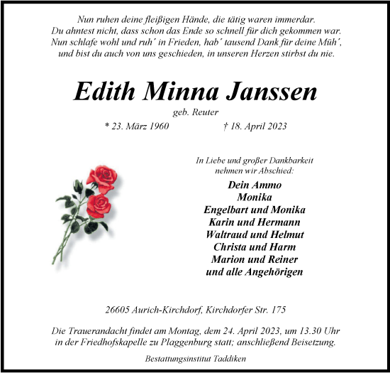 Traueranzeige von Edith Minna Janssen von WZ/JW/AH