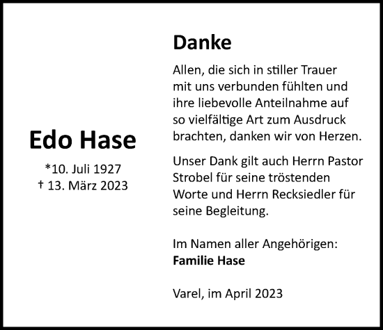 Traueranzeige von Edo Hase von Nordwest-Zeitung