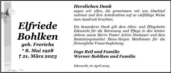 Traueranzeige von Elfriede Bohlken von Nordwest-Zeitung