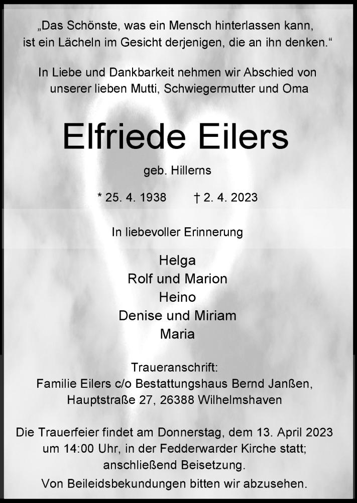  Traueranzeige für Elfriede Eilers vom 08.04.2023 aus WZ/JW/AH